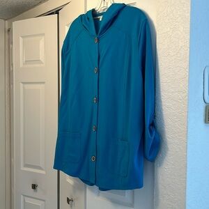 SUSAN GRAVER 2X TURQUOISE HOODED BUTTON DOWN SWEATSHIRT JACKET